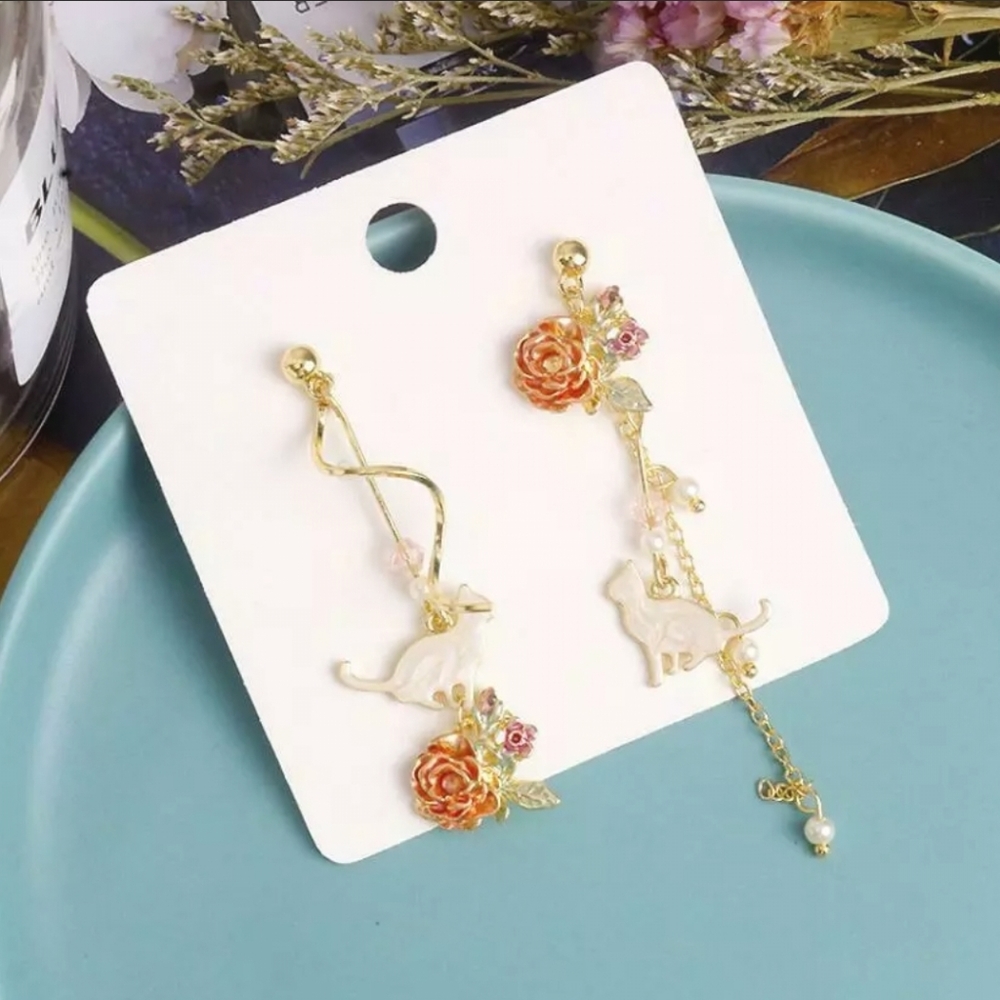 NWT Rhinestone Crystal Enamel Flower Cat Drop Earrings